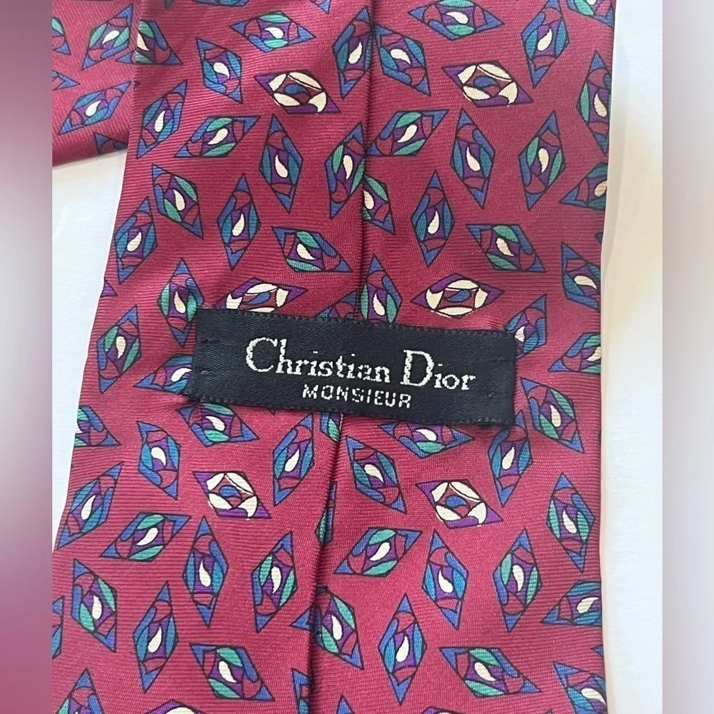 Christian Dior red and blue diamond pattern 100% silk necktie